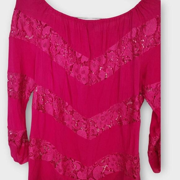 Santdori Womens Top Sz Medium Hot Pink Rayon Lace Peasant Blouse Cottagecore Boh - Picture 8 of 10